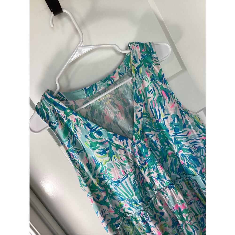 Lilly Pulitzer Blue green Large Lorian Sleeveless Ruffle Dress vacation resort - Picture 3 of 10